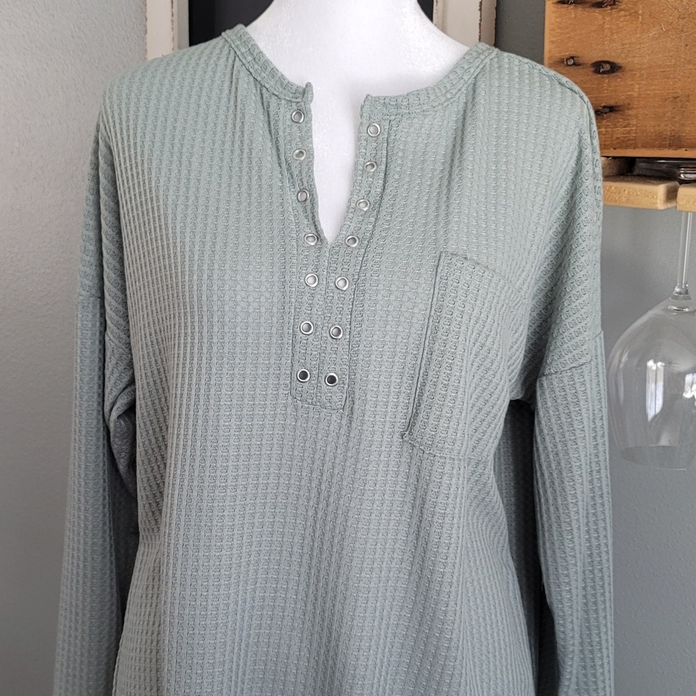 Green Ribbed Blouse with Mandarin Collar